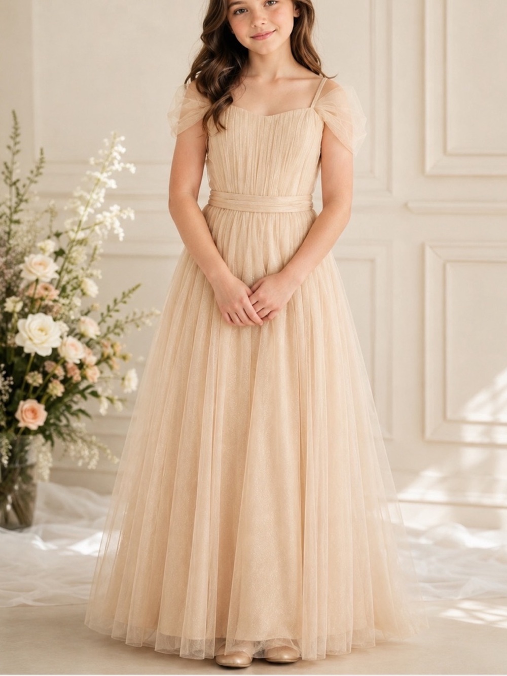 REVELRY Rosalie Junior Bridesmaid Dress Champagne Tulle J10 Formal NWT